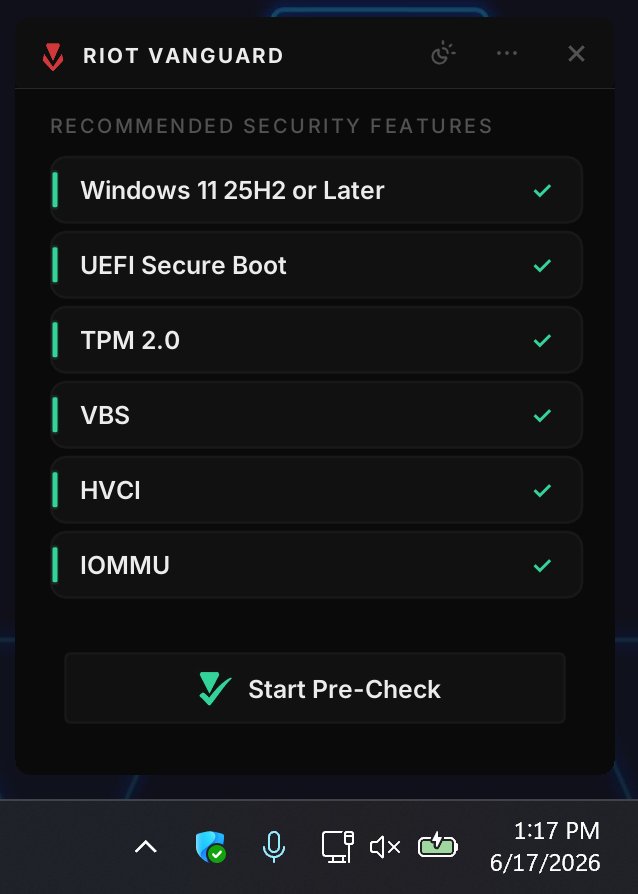 Riot Vanguard Pre-Check panel listing Windows 11 security features with checkmarks