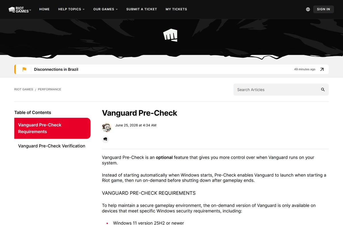 Riot support page explaining the optional Vanguard Pre-Check feature