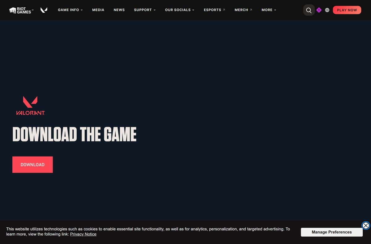 Riot Games download page for VALORANT with its Download button