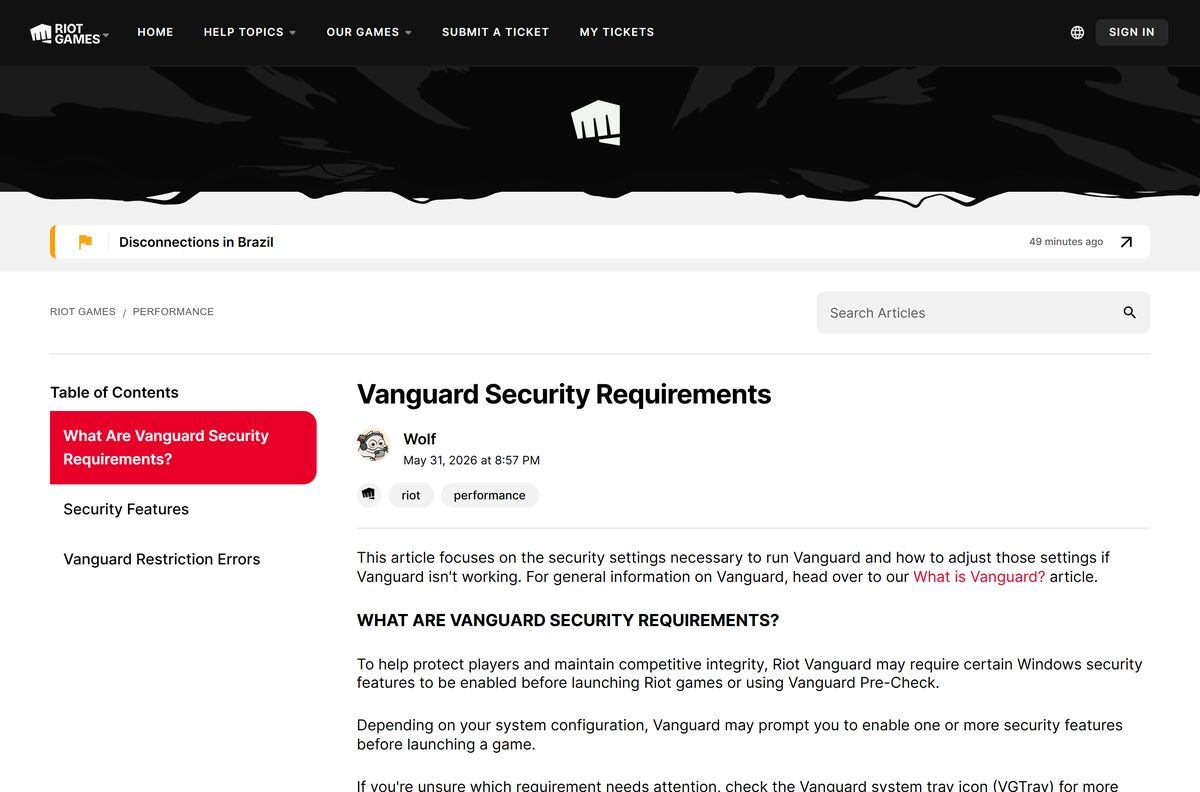 Riot support page listing Windows security features Vanguard may require