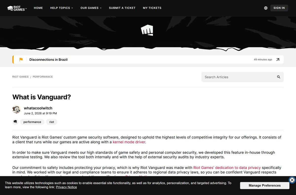Riot support article describing Vanguard, its client and kernel mode driver