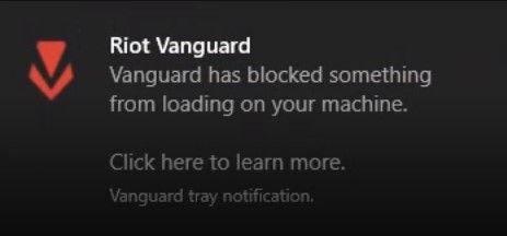 Riot Vanguard tray notification reading Vanguard has blocked something from loading