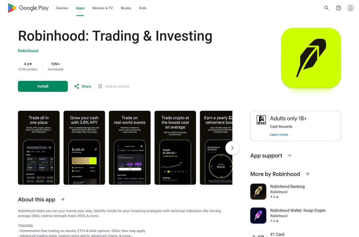 Google Play listing for Robinhood with rating and install count