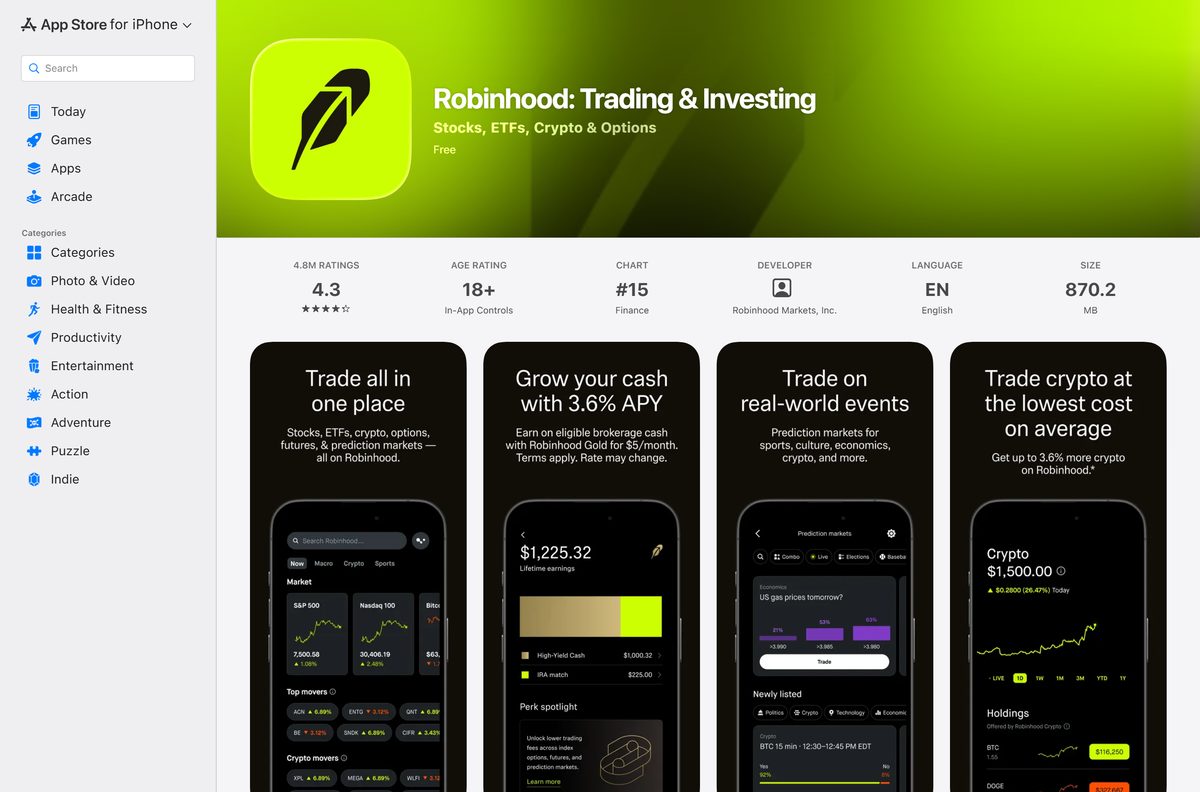 App Store page for Robinhood showing price and compatibility