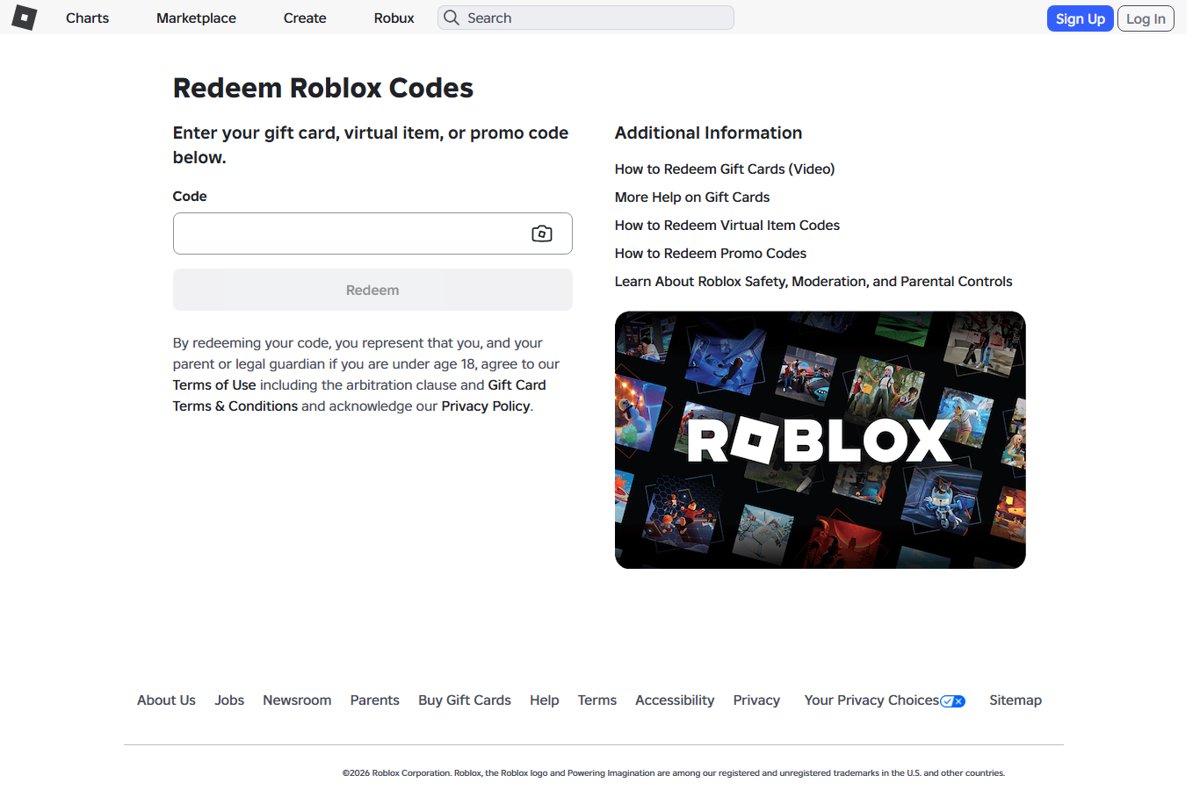 Roblox Redeem Codes page with a code entry box and Redeem button