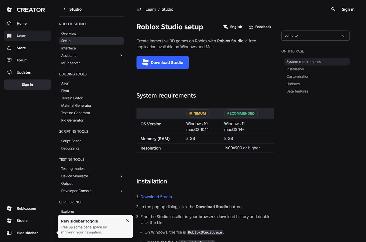 Roblox Studio setup page with the blue Download Studio button