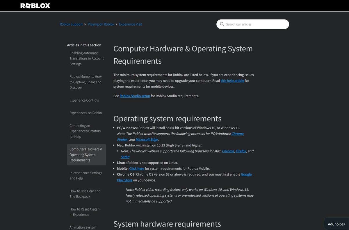 Roblox hardware page listing 64-bit Windows 10 and 11 support