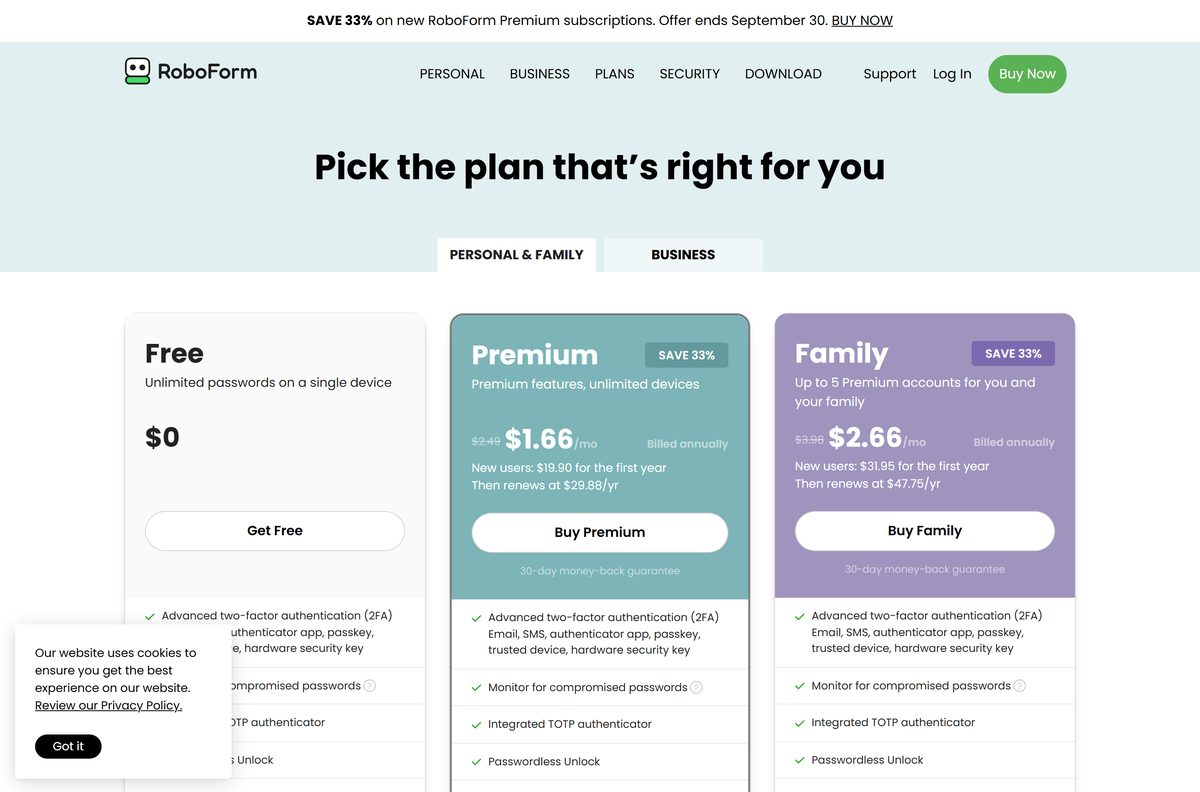 RoboForm personal plans comparing Free, Premium and Family