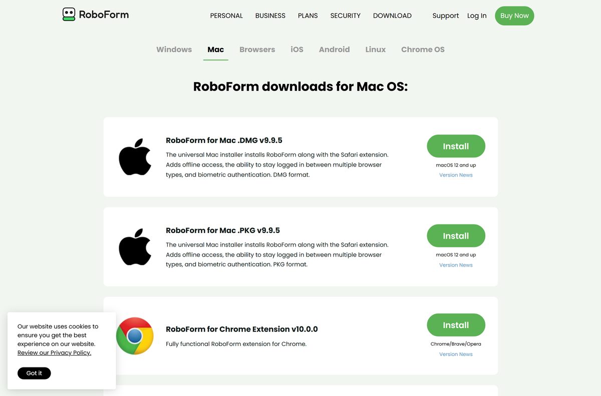 RoboForm Mac download page with DMG and PKG installers