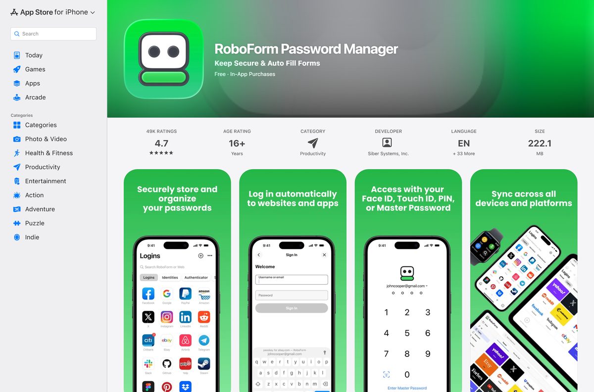 App Store listing for RoboForm with its rating and size