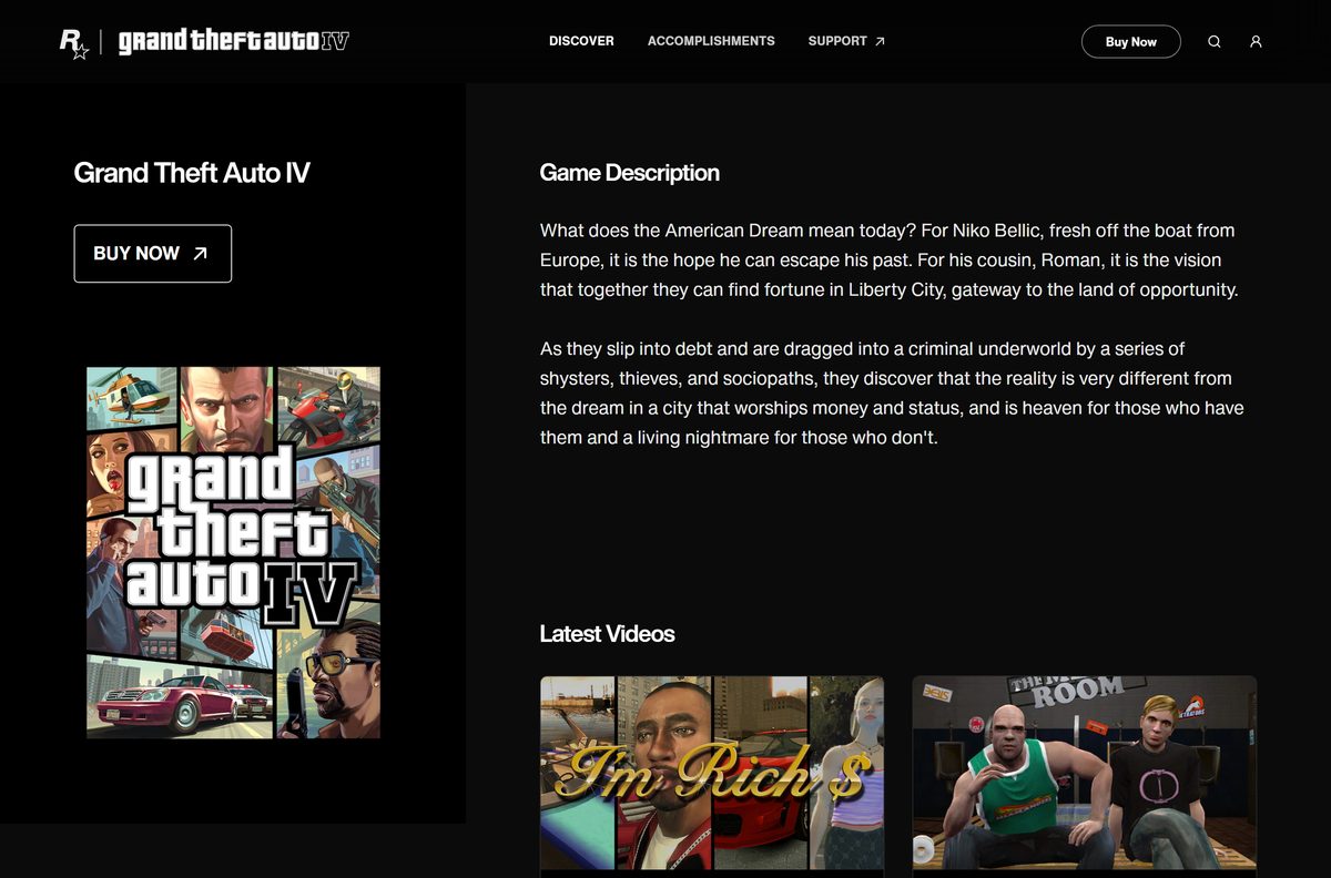 Official Rockstar Games page for Grand Theft Auto IV with specifications