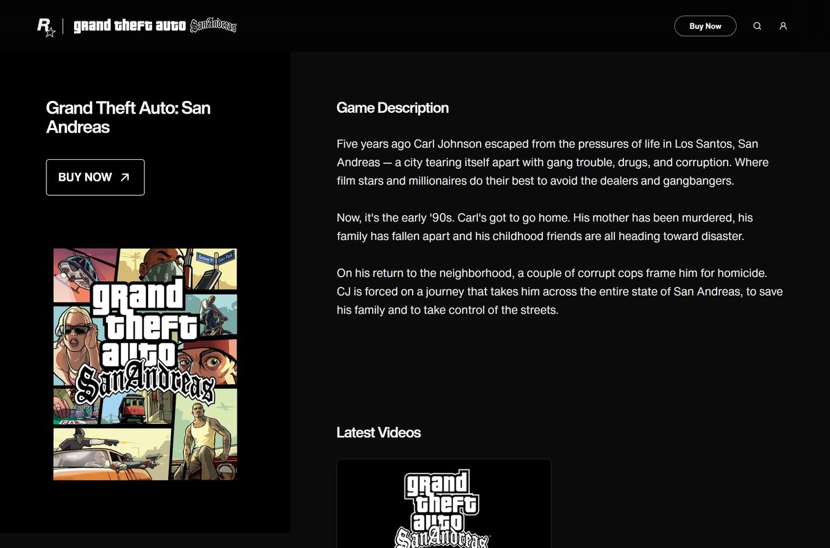 Official Rockstar Games page for San Andreas with its specifications