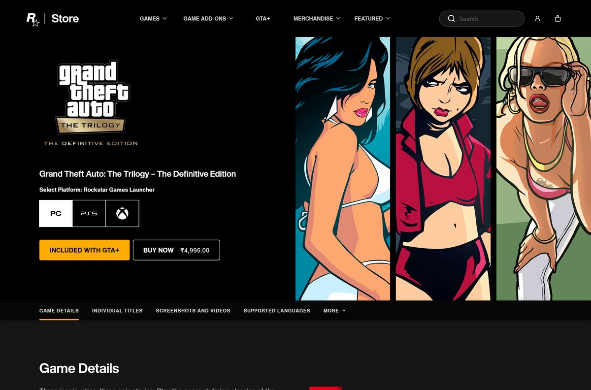 Rockstar Store page for the Trilogy with San Andreas and Buy Now