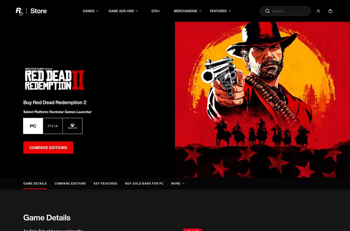 Rockstar Store page for Red Dead Redemption 2 with the platform selector