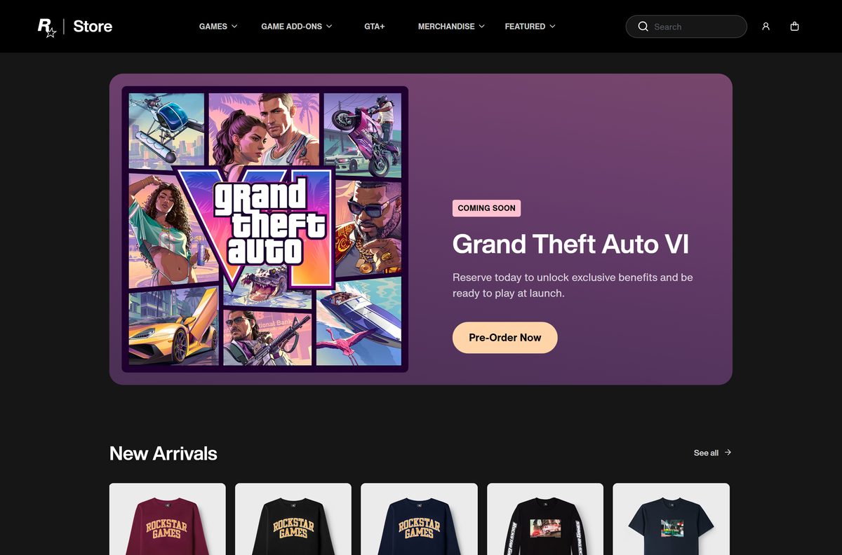 Rockstar Store home page selling PC games and virtual currency