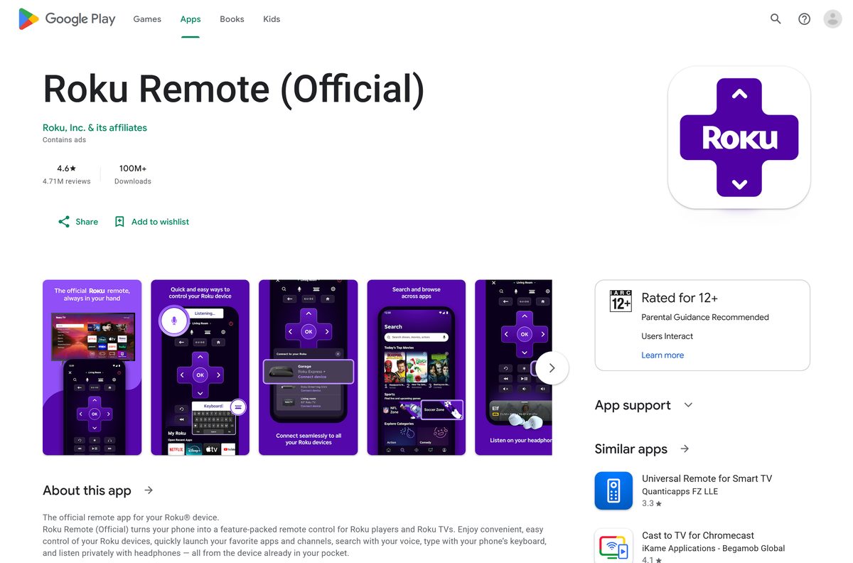 Google Play listing for the official Roku remote with its download count