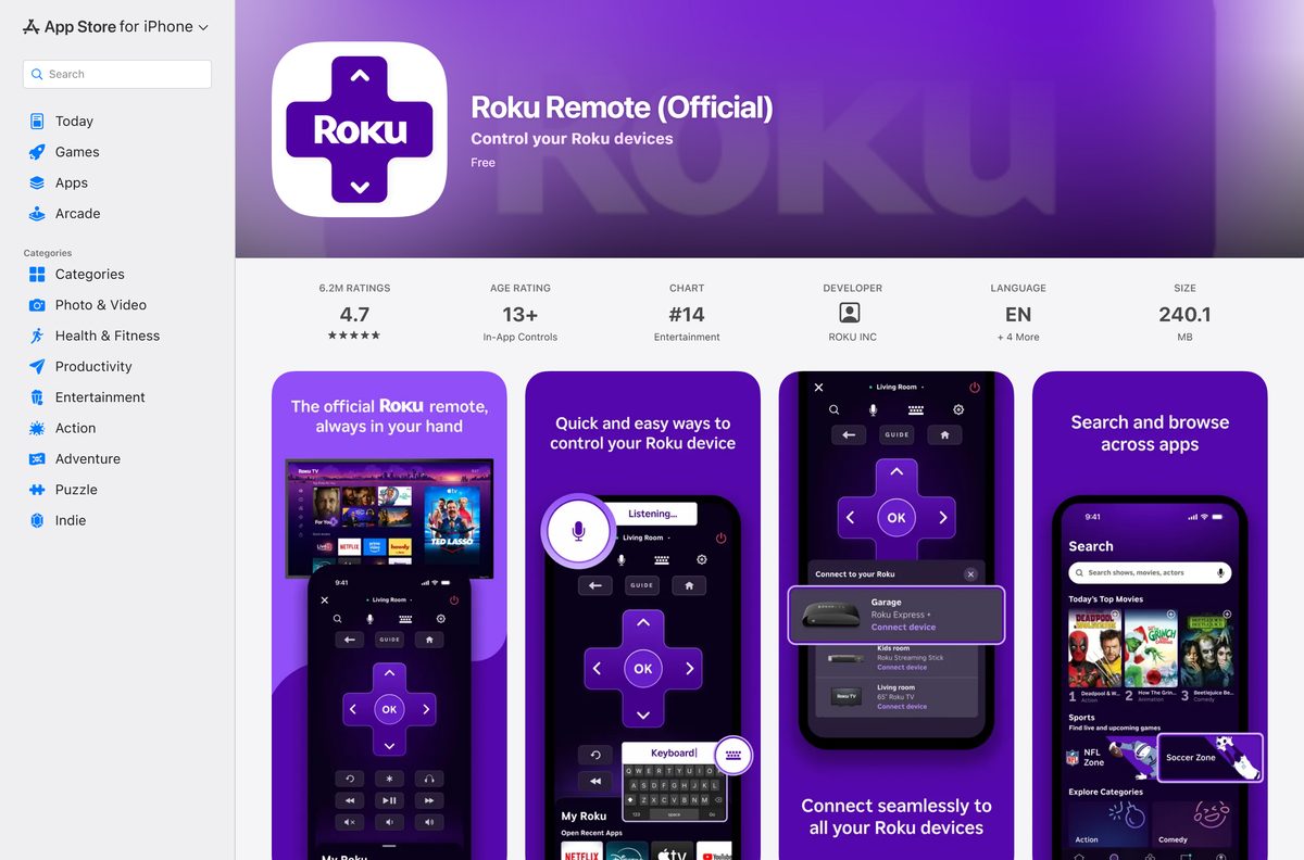 App Store listing for the official Roku remote with compatibility details