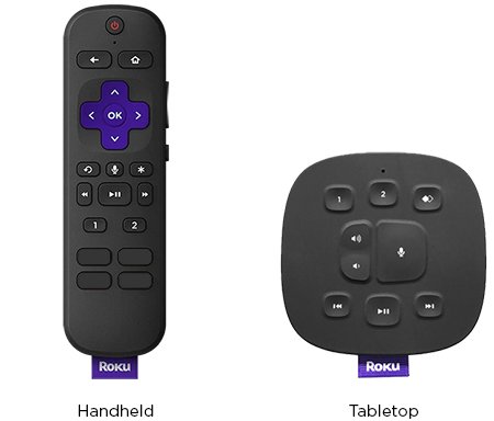 Roku handheld remote beside the round tabletop voice remote