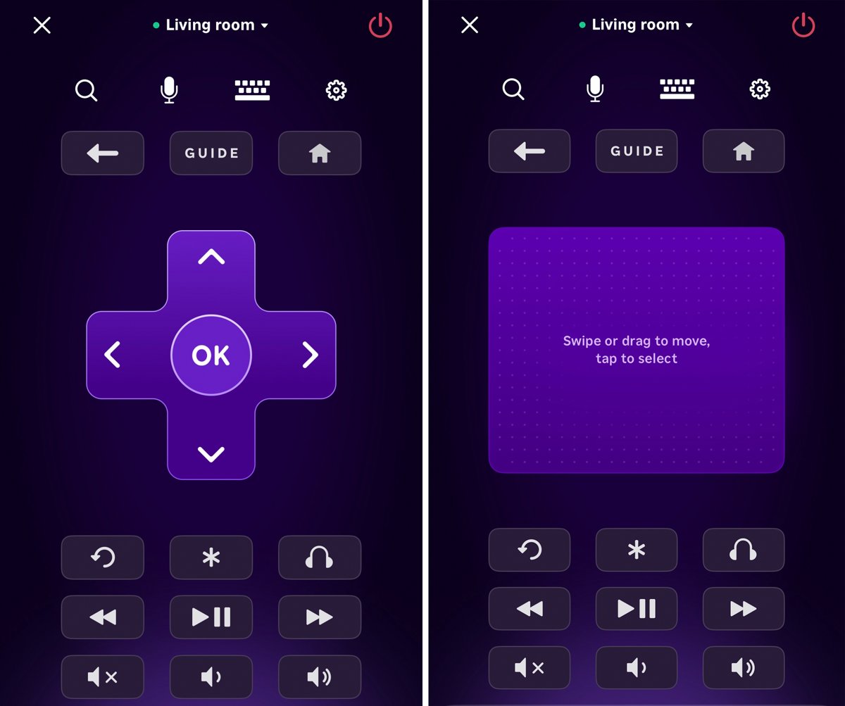 Roku mobile app remote screen showing traditional and swipe control modes