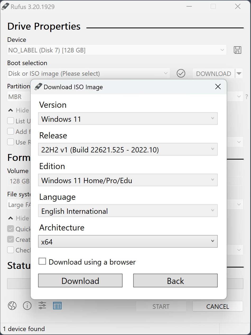 Rufus Download ISO Image dialog with Windows 11 version, release and language fields