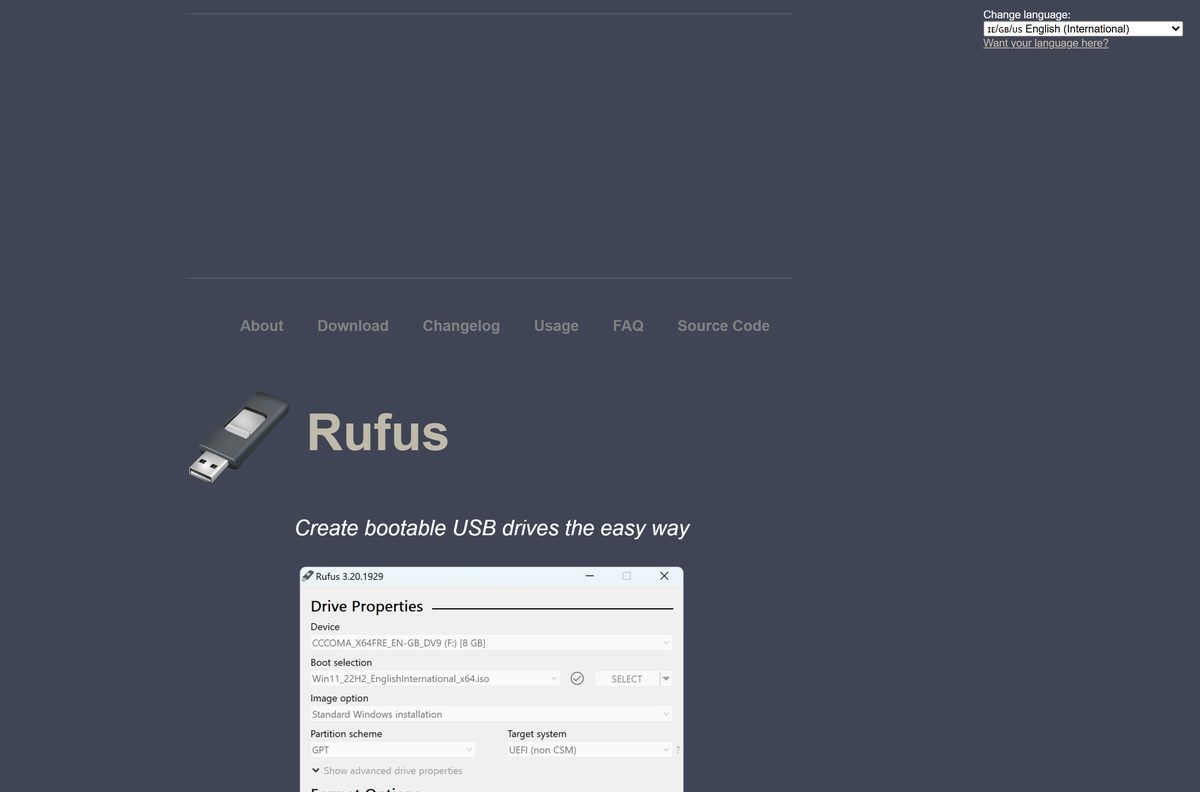 Rufus download page listing standard, portable and ARM64 builds