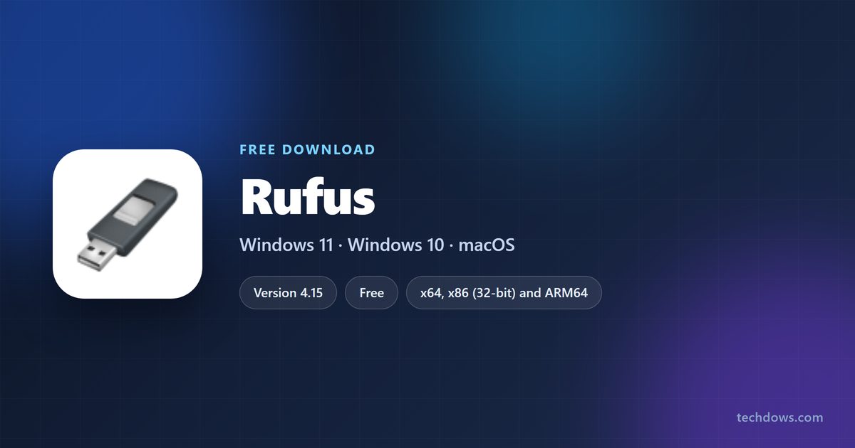 Rufus card with version, file size and supported Windows versions
