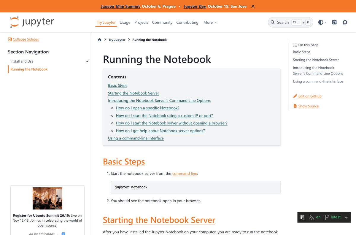 Documentation page explaining how to start and stop the notebook server