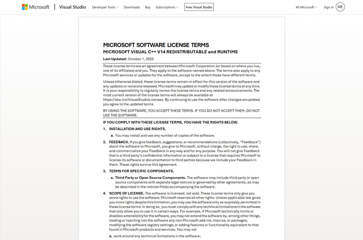 Microsoft Software License Terms page covering the v14 runtime