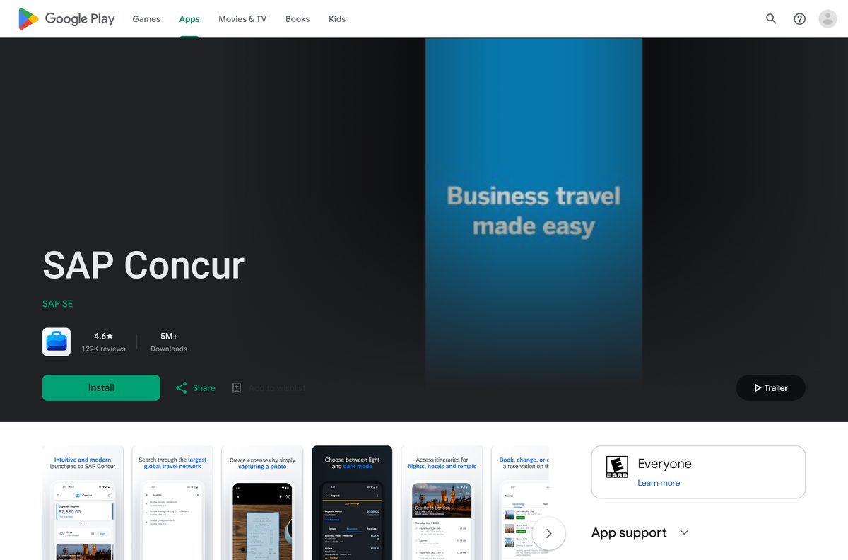Google Play listing for SAP Concur with its rating and downloads