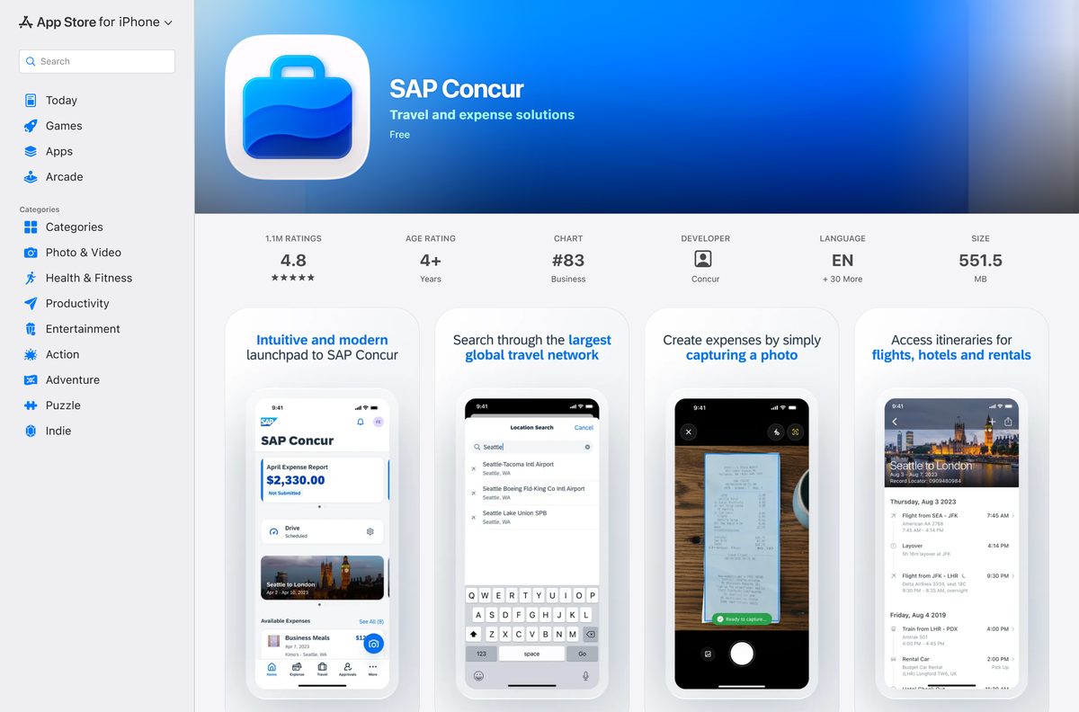 App Store listing for SAP Concur with its rating and size