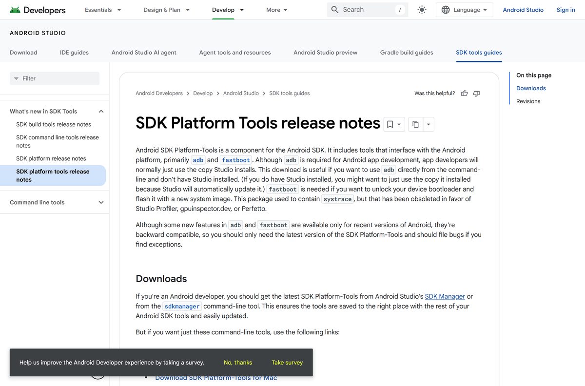 SDK Platform Tools release page listing the Windows, Mac and Linux archives