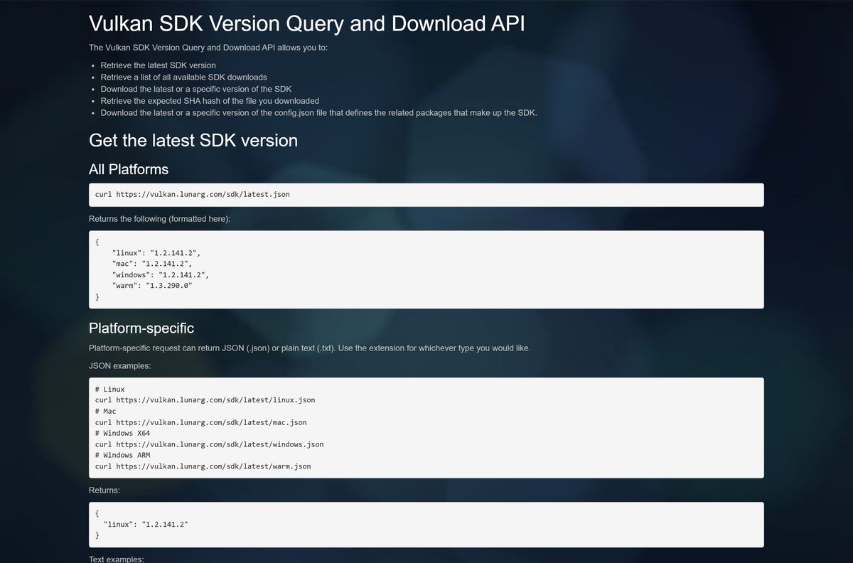 LunarG API page with latest Vulkan SDK download URLs
