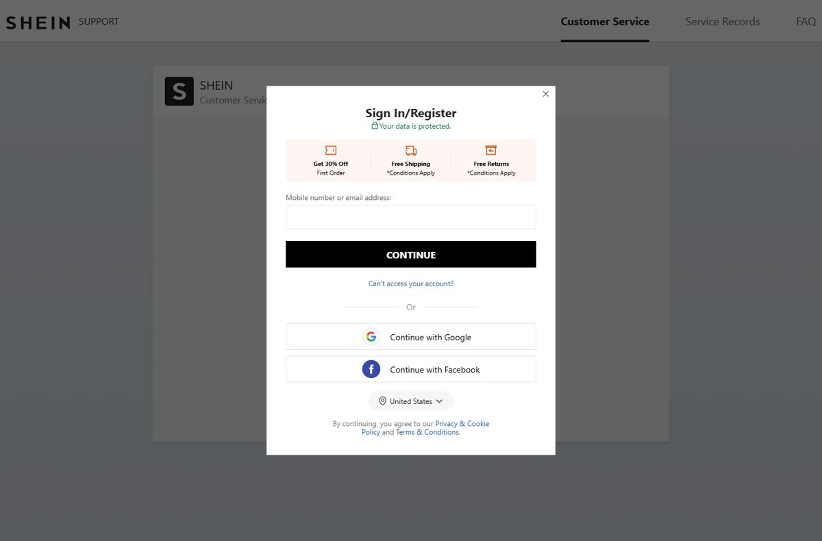 SHEIN Support page Sign In/Register modal with email field