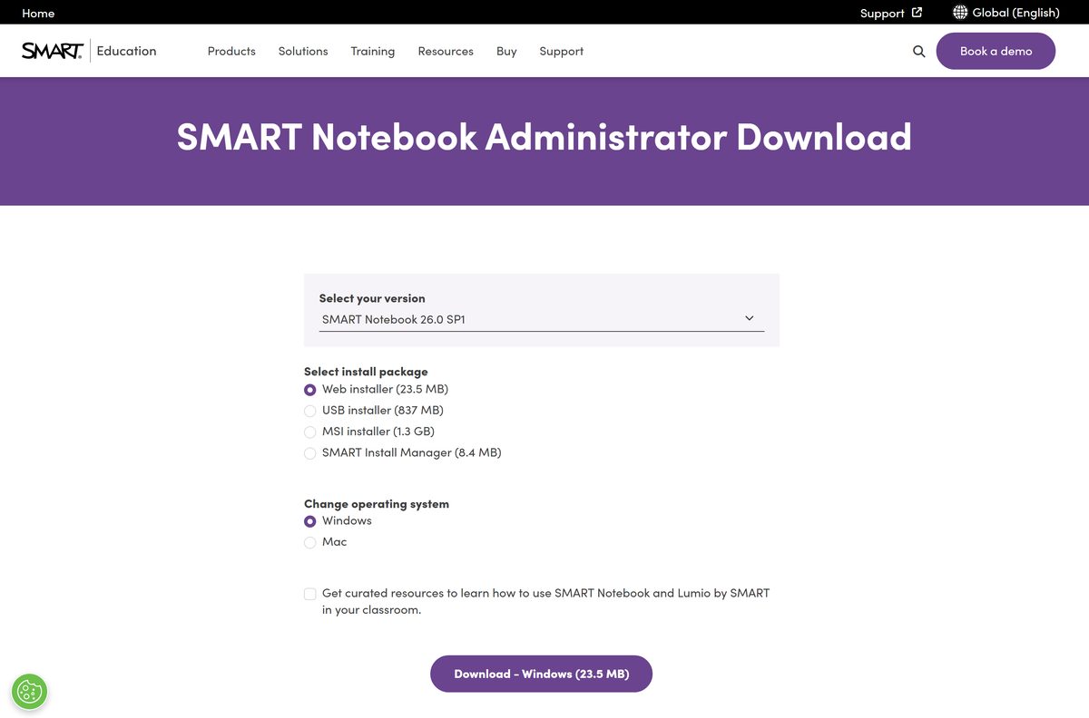 Administrator download page listing SMART Notebook web, USB and MSI packages