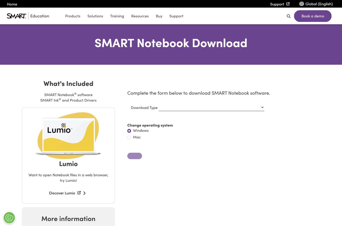 SMART Notebook download form on smarttech.com with Windows and Mac options