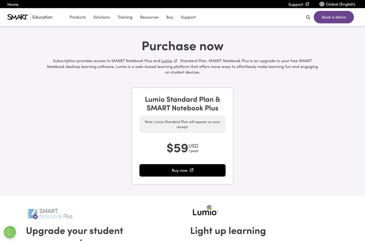 Pricing page for SMART Notebook Plus bundled with the Lumio Standard Plan