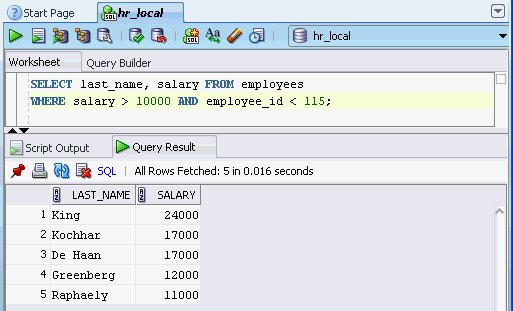 SQL Worksheet in SQL Developer with a query and result grid