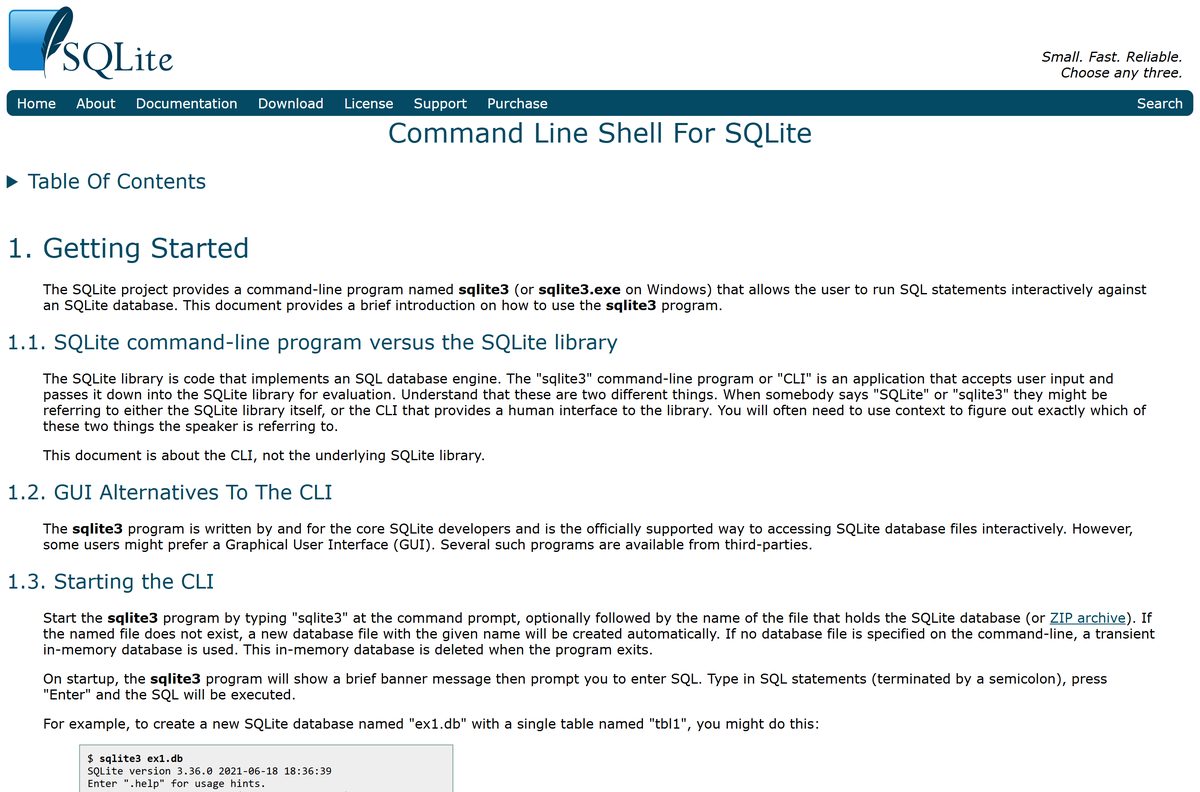 SQLite command-line shell documentation with getting started examples