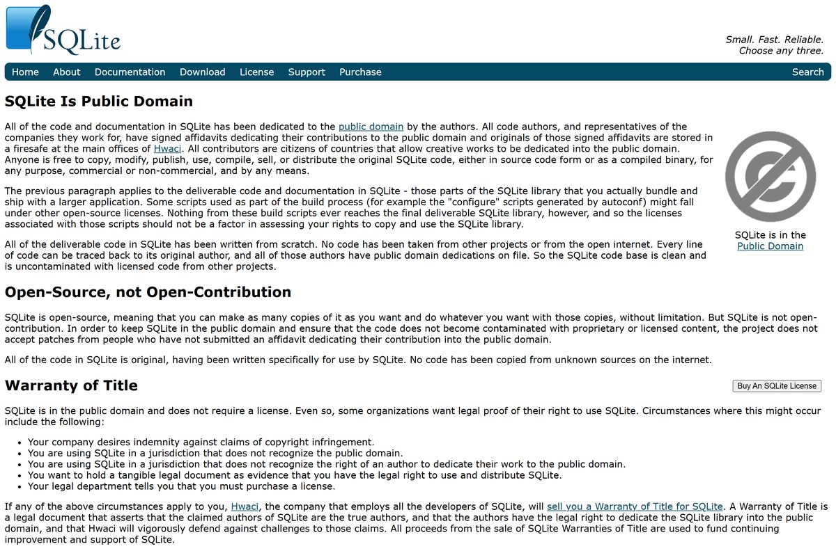 SQLite public domain statement and optional warranty of title