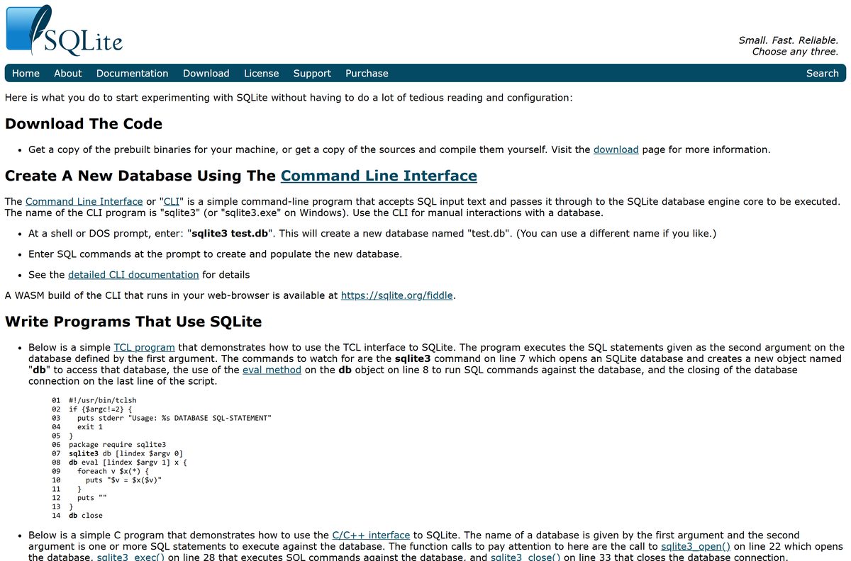 SQLite quick start page showing how to create a test database