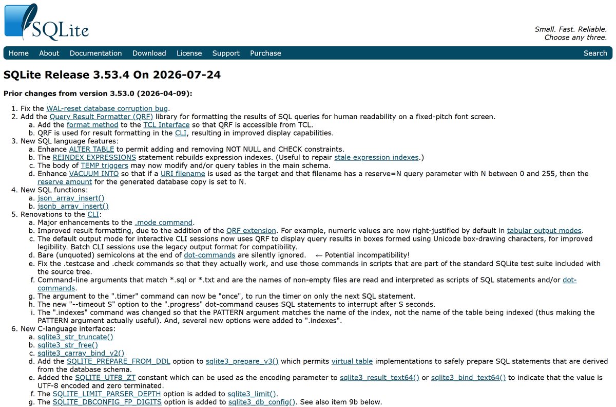 SQLite release notes page for the July 2026 patch release