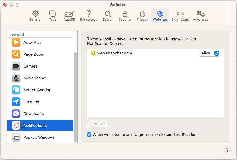 Safari Notifications settings with web.snapchat.com set to Allow