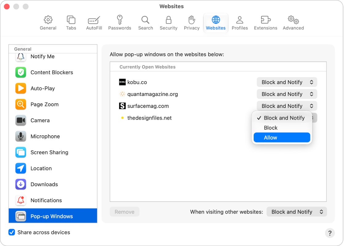 Safari Pop-up Windows settings with an Allow option shown for a site
