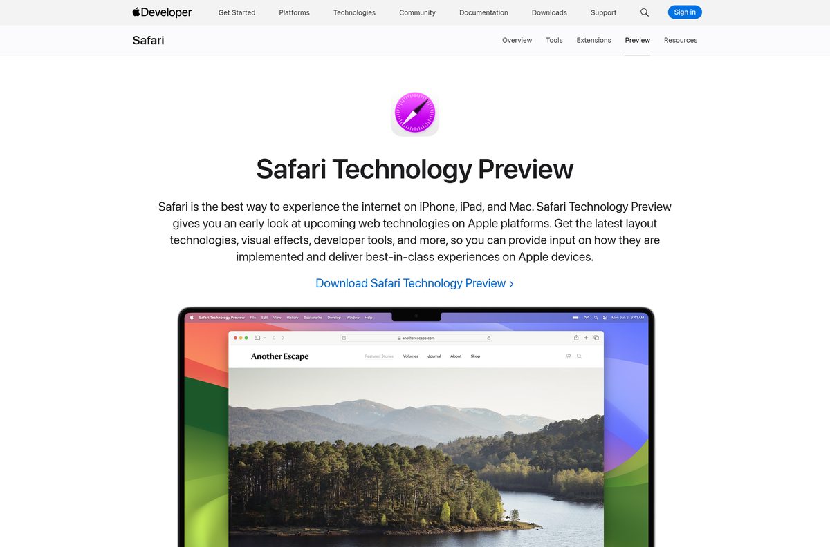 Apple developer page for Safari Technology Preview with download options