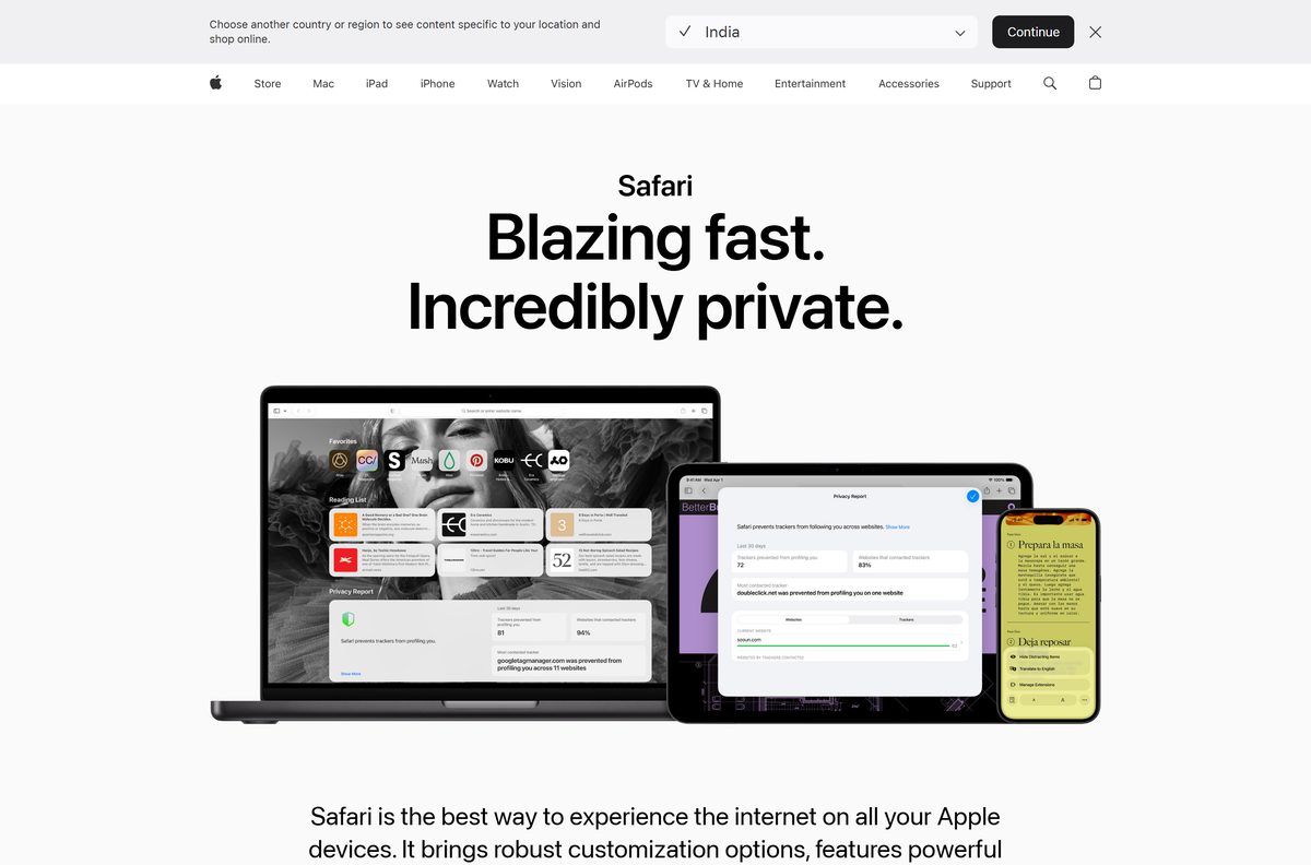 Apple feature page for Safari covering privacy, passkeys and profiles