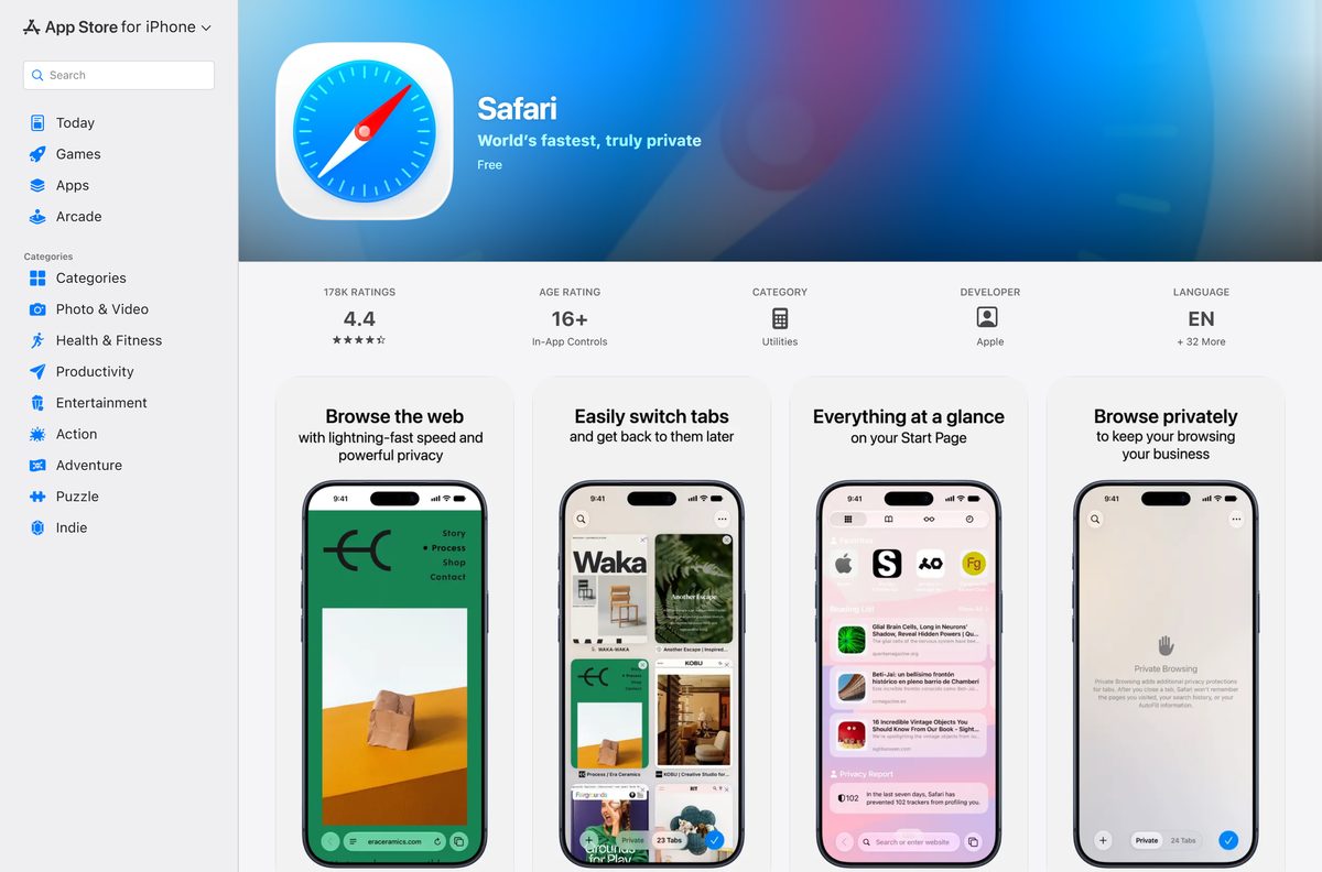 App Store listing for Safari showing its seller, price and rating