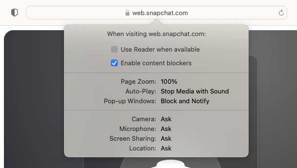 Safari per-site settings for web.snapchat.com listing Camera and Microphone