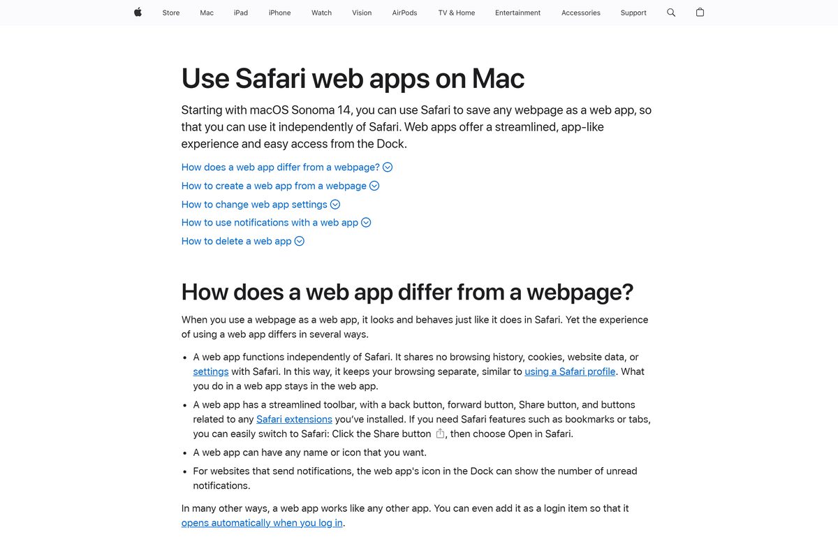 Apple support page showing Add to Dock in Safari