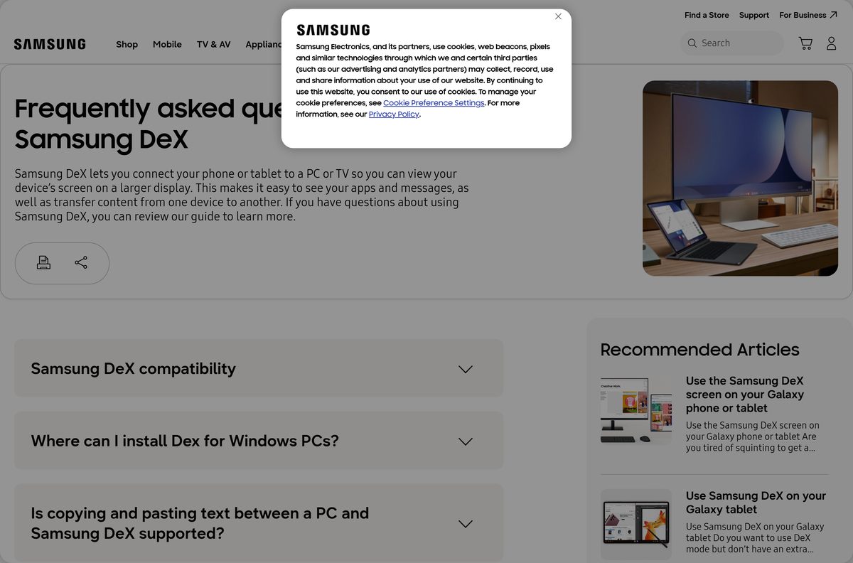 Samsung DeX FAQ listing which Galaxy phones support the PC app