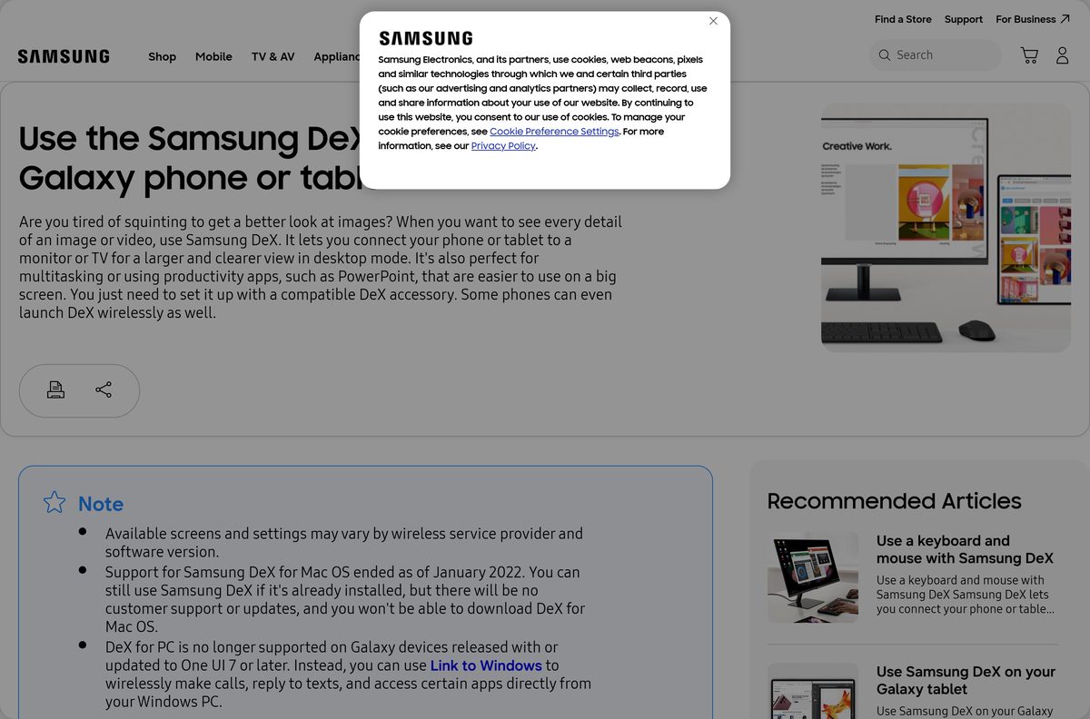 Samsung support guide showing DeX connection options for monitors and TVs